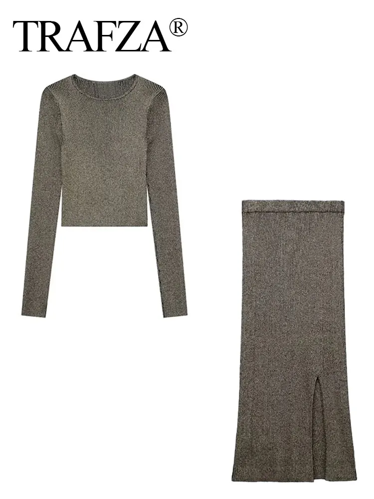 Осенние женские модные комплекты TRAFZA 2023, Трендовые трикотажные Двухцветные укороченные пуловеры-футляры + Уличная женская юбка в английском стиле.