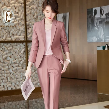 2023 Зимний женский элегантный женский костюм с брюками черного и розового цвета, блейзер и брючный деловой пиджак, офисный женский комплект из 2 предметов, S-4XL