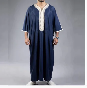 2023 Летний Новый Кафтан мусульманских мужчин С коротким рукавом и вышивкой, Свободный Дышащий повседневный халат, исламская Абая
