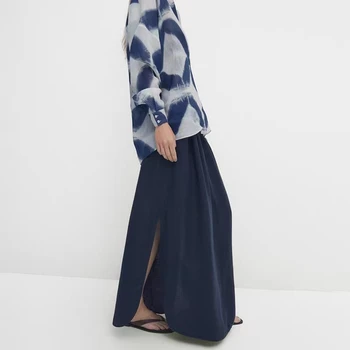 2023, Ранняя осень, новый дизайн для женщин-пригородников, темно-синяя удобная юбка из чистого льна средней длины