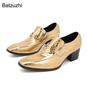 Batzuzhi/ Мужские туфли на высоком каблуке 6 см, Золотые деловые Кожаные модельные туфли без застежки для Мужчин, Официальные Модные Вечерние/Свадебные Туфли, Мужские