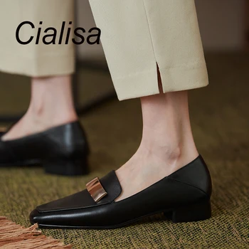 Cialisa/ Модная женская обувь на плоской подошве из натуральной кожи с квадратным носком, новинка 2022 года, весенне-осенняя повседневная женская обувь без застежек, Бежевый 40