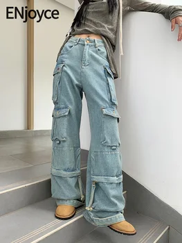 ENjoyce 2023, Осенние женские винтажные джинсы с множеством карманов, Корейский уличный стиль, прямая труба, Свободные джинсовые брюки-карго High Street Jean