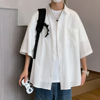 LAPPSTER Ice Y2k Однотонные Корейские рубашки с карманами и блузки 2023 Летняя Гладкая рубашка с коротким рукавом Японская уличная одежда Рубашки оверсайз