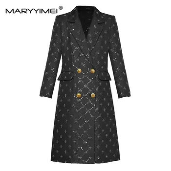 MARYYIMEI Зимняя женская ветровка, пальто с длинным рукавом, Двубортная клетка, хрустальные блестки, Утолщенное шерстяное теплое Свободное пальто