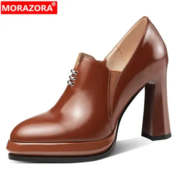 MORAZORA/ 2023 Новая классика, Женская обувь из натуральной кожи, Офисные женские туфли-лодочки на платформе, Обувь на толстом каблуке с застежкой-молнией, Обувь на высоком каблуке