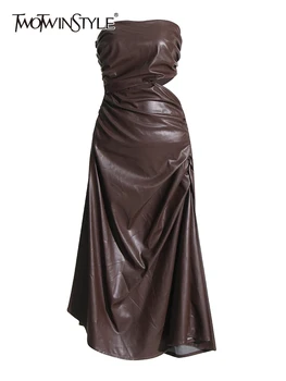 TWOTWINSTYLE, Однотонное Открытое Сексуальное Кожаное платье для женщин, без бретелек, без рукавов, с высокой талией, сращенные складки, платья для похудения, женские