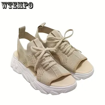 WTEMPO/ Летние женские босоножки; Сетчатая обувь на платформе; Модная обувь; кроссовки на толстой подошве; повседневные пляжные сандалии на шнуровке с открытым носком.