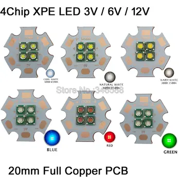 XP-E 3V 6V 12V 4 чипа 4LED 10W Светодиодный излучатель Вместо MKR XML Белый/Теплый белый/Синий/Зеленый/Красный/Желтый/Королевский синий 20 мм Медная печатная плата