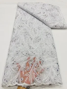 Африканская кружевная ткань с пайетками 2023 Высококачественная вышивка Французское тюлевое кружево Пошив свадебного платья из молочного шелка в Нигерийском стиле