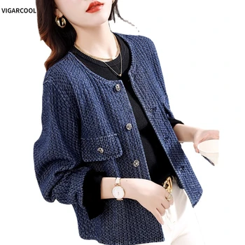 Весенне-осенний новый стиль элегантной знаменитости Xiaoxiangfeng Heavy Industry с круглым вырезом, темно-синее хлопковое короткое пальто из денима, женское