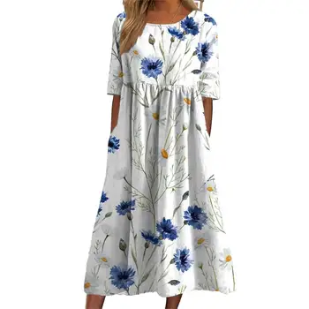 Винтажное женское длинное платье в этническом стиле с ретро принтом, свободный подол, карманы с высокой талией, модная одежда 2023 года