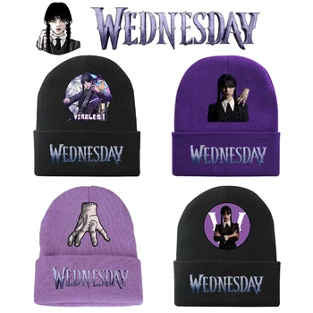 Вязаная шапка Wednesday Addams, зимняя теплая вязаная шапка для взрослых, женская шапочка с аниме-принтом, повседневные шляпы, мультяшные Милые детские головные уборы