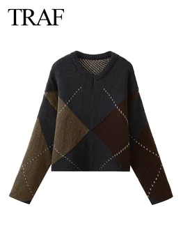 Женская мода TRAF, Весенний Повседневный Короткий свитер с геометрическим рисунком, Пуловеры с V-образным вырезом и длинными рукавами, Женские Свободные вязаные топы