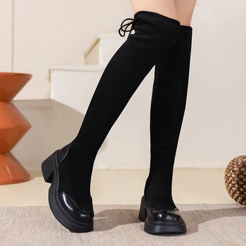Женская обувь в продаже 2023 Модные женские ботинки с рукавами Осенние однотонные эластичные сапоги с круглым носком на высоком бочкообразном массивном каблуке большого размера