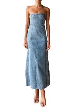 Женские сексуальные джинсы, джинсовые длинные платья без бретелек, облегающий корсет с открытой спиной, джинсовое платье-труба, летнее платье миди с разрезом на молнии