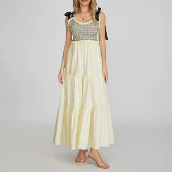 Женское летнее платье-комбинация трапециевидной формы, модное длинное платье с абстрактным принтом, V-образный вырез, без рукавов, на завязках, Милое элегантное платье для коктейльной вечеринки