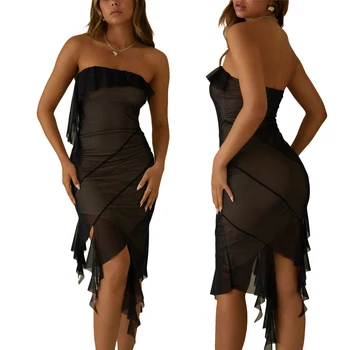 Женское платье-топ без рукавов, без бретелек, однотонное облегающее мини-платье, асимметричное платье с оборками