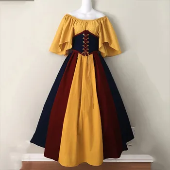Женское средневековое платье, подходящее по цвету к плечу, Свободный рукав-мушка, ремень, Туника на талии, ретро-готическое ретро-платье с большими размахами.