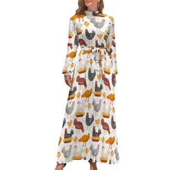 Забавное платье с рисунком цыпленка, Пасхальное яйцо, уличные платья в богемном стиле, женское винтажное длинное платье Макси с длинным рукавом и высокой талией