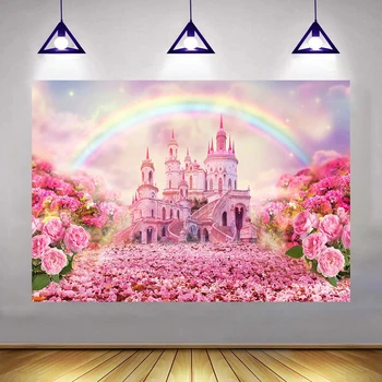 Замок принцессы, Радуга, С Днем рождения, Розовая роза, Цветочный фон, Фантазийный баннер, Детский душ, Декор гостиной