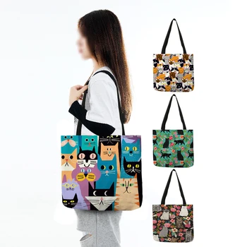Изготовленные на заказ сумки для покупок с милым мультяшным котом в цветочек 40x40 см, Сумка-тоут, многоразовая сумка, Женская сумка из ткани на плечо, складная