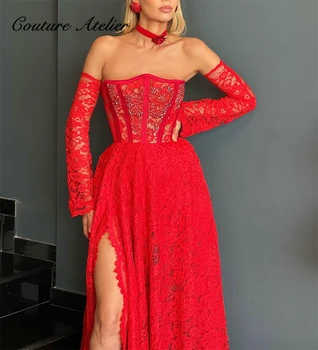 Красные романтические кружевные вечерние платья с рукавом Три четверти, платье Саудовской Аравии, Элегантное роскошное вечернее платье с разрезом для знаменитостей