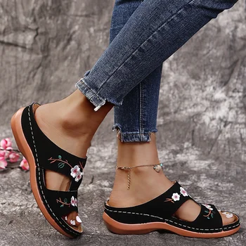 Летние сандалии Женская обувь с открытым носком Женские сандалии с цветочным рисунком Женские удобные женские тапочки ретро сандалии Zapatillas Mujer
