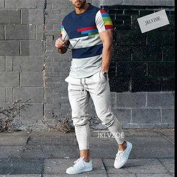 Летний комплект мужского спортивного костюма, 2 предмета, футболка в цветную полоску + брюки, костюм, повседневная уличная одежда для улицы, одежда большого размера