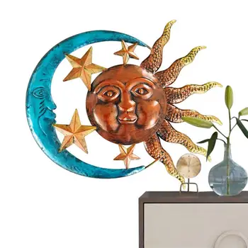 Металлическая настенная живопись с Солнцем, Луной, Звездами, Металлическая скульптура Лица Солнца, декор стен, искусство Солнца, Многоразовые металлические настенные скульптуры, подвесные украшения