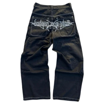 Мешковатые джинсы Женские с вышитым рисунком черепа в стиле ретро Y2k Harajuku в стиле хип-хоп, черные джинсы с напуском, джинсовые брюки в стиле панк и готика, уличная одежда
