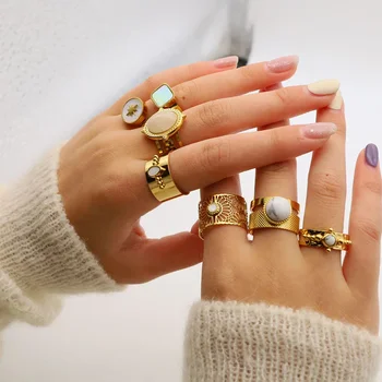Модные кольца с камнем из белой серии для женщин, креативные металлические украшения из нержавеющей стали золотого цвета, женские украшения