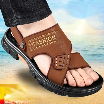 Мужские сандалии, новинка 2023 года, летняя пляжная обувь из мягкой кожи с нескользящей подошвой