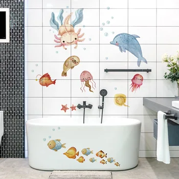 Наклейки на стены с морскими животными для украшения душевой комнаты Кит Рыба Осьминог Наклейки на стены ванной комнаты Наклейки на ванну Фрески из ПВХ