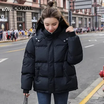 Новая зимняя куртка-бомбер COKAL, женская теплая модная пуховая куртка с капюшоном, хлопковая повседневная свободная корейская хлопковая куртка