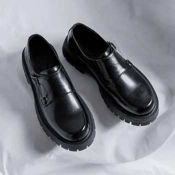 Новая Модная Корейская Черная Повседневная Мужская Кожаная обувь в Британском стиле, Лоферы без застежки на толстой подошве, Вечерние Модельные Оксфорды, Рабочие Свадебные туфли