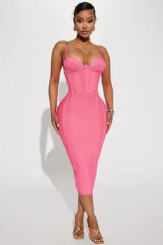 Новое женское платье розового цвета без рукавов с сексуальным ремешком, облегающее бандажное платье до середины икры для празднования вечеринки в ночном клубе, платья на день рождения