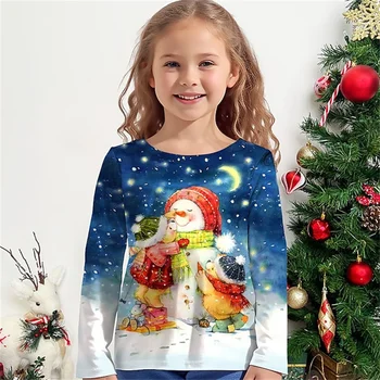 Новые облегающие футболки с длинными рукавами и принтом милых животных и снеговика для девочек от 4 до 12 лет, корейская модная детская одежда