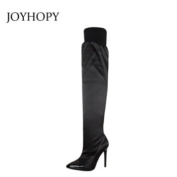 Пикантные женские туфли на тонком высоком каблуке, зимние сапоги до бедра из эластичной ткани с острым носком и плюшевые женские ботфорты выше колена WB1498