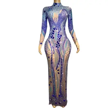 Роскошное вечернее платье со стразами и синими зеркалами, женское платье с блестками и бисером, сексуальный танцевальный наряд, костюм Xingkongding