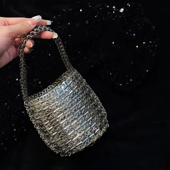 Роскошные тканые сумки с блестками, Металлическая сумка-ведро ручной работы из листового металла, Маленькие серебряные Дизайнерские сумки для женщин, Вечерняя сумочка для вечеринки, Новая