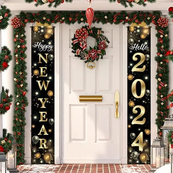 Счастливого Нового года 2024, украшение из черного золота, Новогодний Дверной баннер, флаги, Новогодние Рождественские украшения для улицы Navidad 2024