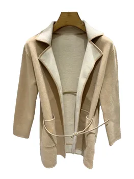 Твидовый пиджак с лацканами средней длины с поясом, свободная посадка, дизайн с двойным карманом, теплый и уютный, новинка зимы 2023, 1026