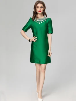 Уличное платье Весна-лето, женская мода, расшитое бисером из горного хрусталя, с круглым вырезом и коротким рукавом, Мини-платья зеленого цвета