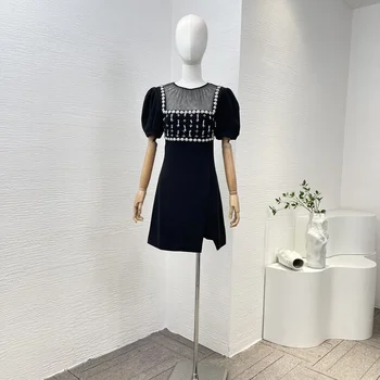 Черное Мини-платье с коротким рукавом и цветочными блестками, новинка 2024 года, высококачественная женская винтажная одежда