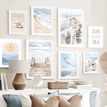 Эгейское море, пляж, морская звезда, мост, волны, Птица, Солнце, плакат в скандинавском стиле, настенные художественные принты, холст, картина для домашнего декора в гостиной