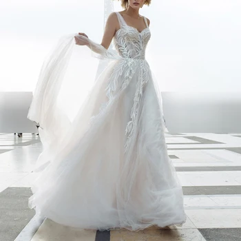 Элегантное белое платье трапециевидной формы без рукавов с открытой спиной, шлейф, кружевные аппликации, Женские свадебные платья, вечеринка по случаю помолвки невесты