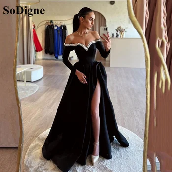 Элегантные Черные вечерние платья SoDigne с открытыми плечами и длинными рукавами, женское платье для выпускного вечера с разрезом и жемчугом, вечерние платья robe de soirée
