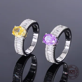 Ювелирные изделия из стерлингового серебра 925 пробы 6x8 мм, Овальный Желтый Цитрин, Фиолетовый Фианит, Обручальное кольцо с фианитами, кольцо для женщин